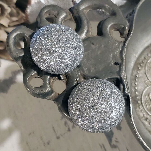 Retro 80s Club Glam Disco Sparkly Silver Fabric Button Earrings - Picture 8 of 10